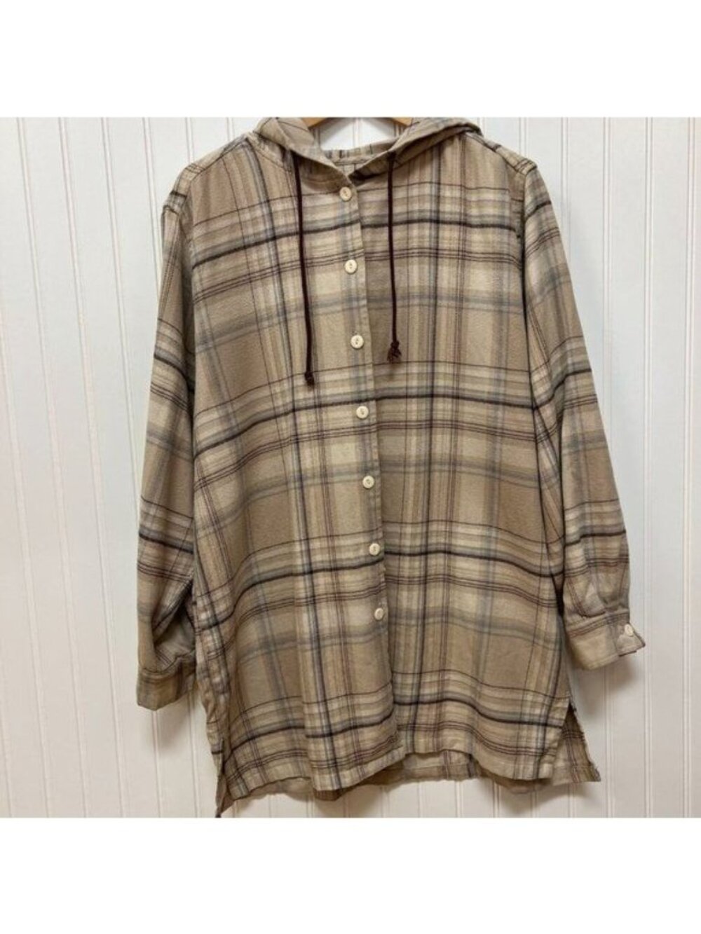 Eddie Bauer Women' Flannel Plaid Drawstring Hooded Shirt Front Button Tan Sz M